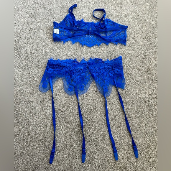 Blue Lace Bra & Garter Belt - Picture 3 of 4